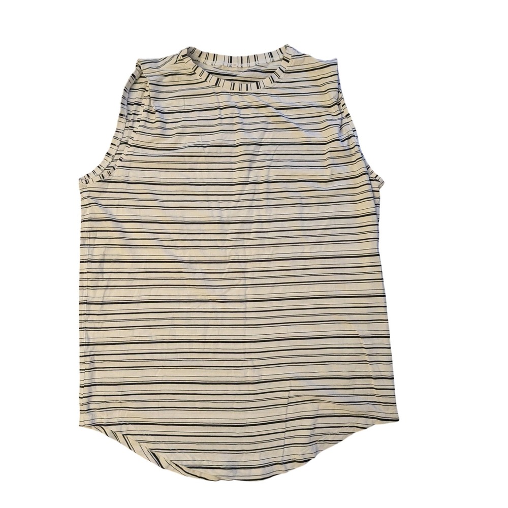 Lululemon Muscle Tank Top Women Size 6 White Black Striped Curved Hem Logo